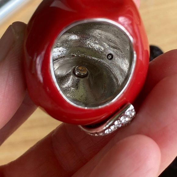 Vintage Y2k Womens Large Crystal Enamel Red Bitten Apple Ring - Picture 7 of 7